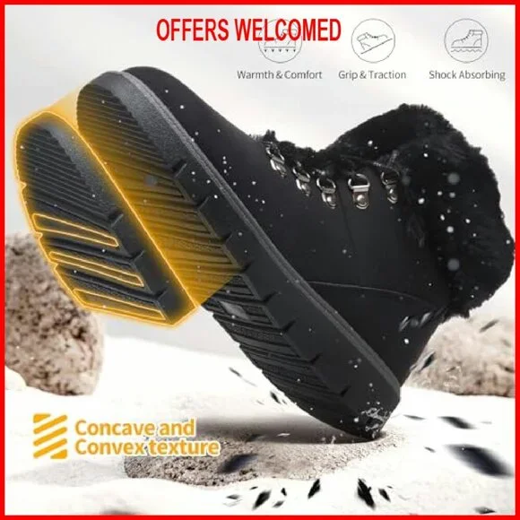 Women's Winter Ankle Boots PU Leather Lace Up Zipper Warm Fuzzy Snow Boots